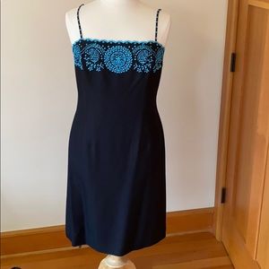 Black silk spaghetti strap dress w/ turquoise